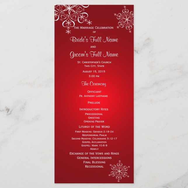 Winter Snowflake Red Wedding Program (Front)
