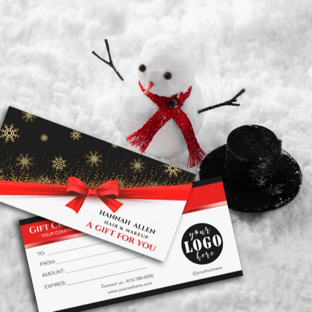 Winter Snowflake Satin Ribbon Red Gift Certificate (#zazzlemade #customervoucher #BusinessChristmasHoliday #HolidayThankYouCard #SatinRibbonRed #salon )