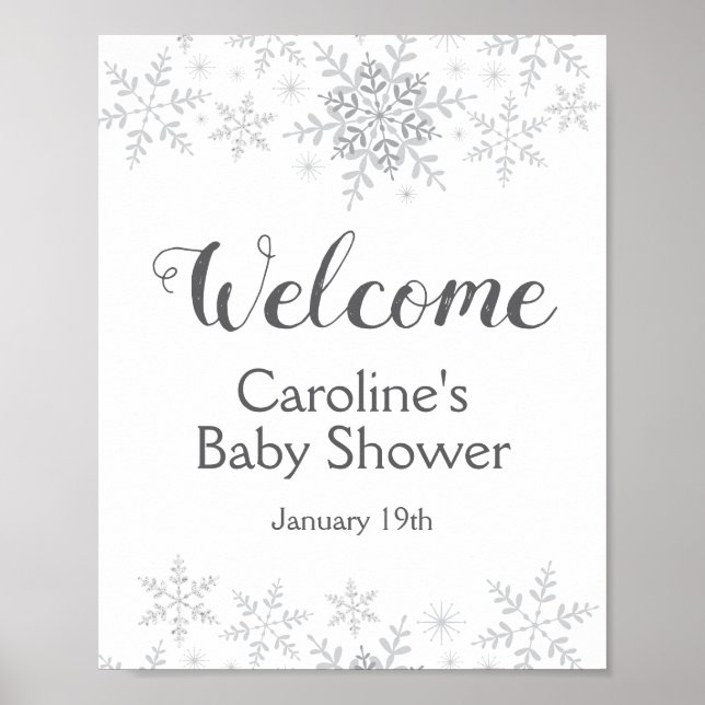 Winter Snowflake Silver Baby Shower Welcome Sign (Front)