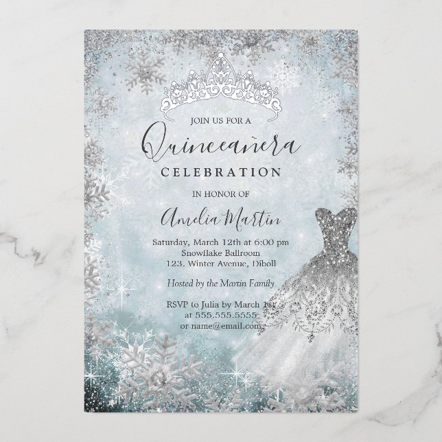 Winter Snowflake Silver Blue Quinceanera Foil Invi (Front)