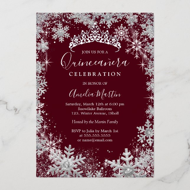 Winter Snowflake Silver Burgundy Quinceanera (Front)