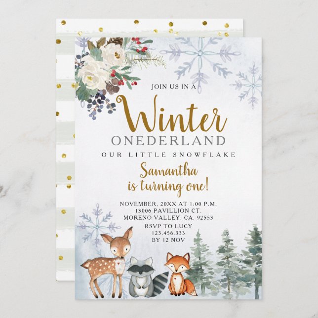 Winter Snowflake Sleigh Birthday Animals Woodland Invitation (Front/Back)