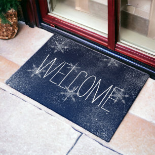 Winter snowflake snow navy blue Christmas Doormat