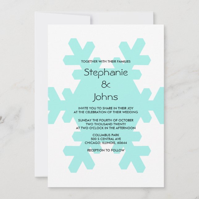 Winter Snowflake Teal Blue White Elegant Wedding Invitation (Front)