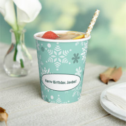 Winter Snowflake Turquoise-Blue Happy Birthday Paper Cups