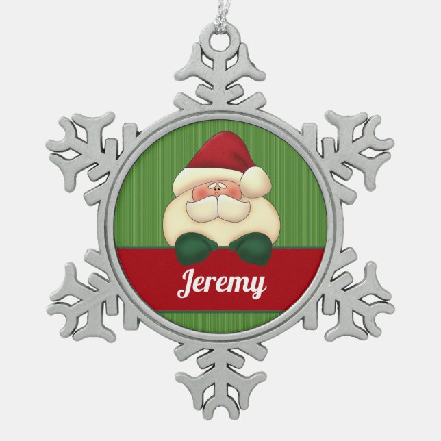 Winter Snowflake with Santa and Name Snowflake Pewter Christmas Ornament (Front)