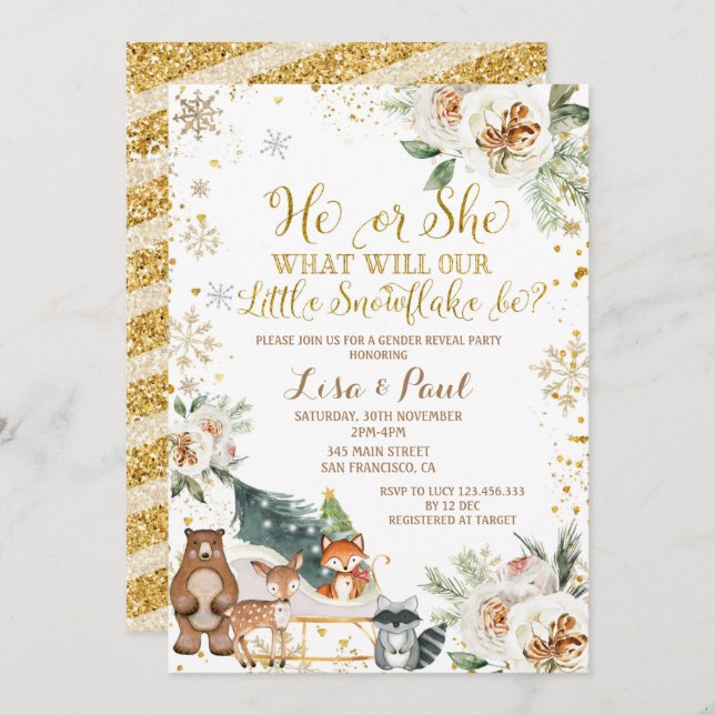 Winter Snowflake Woodland Animals Gender Reveal Invitation (Front/Back)