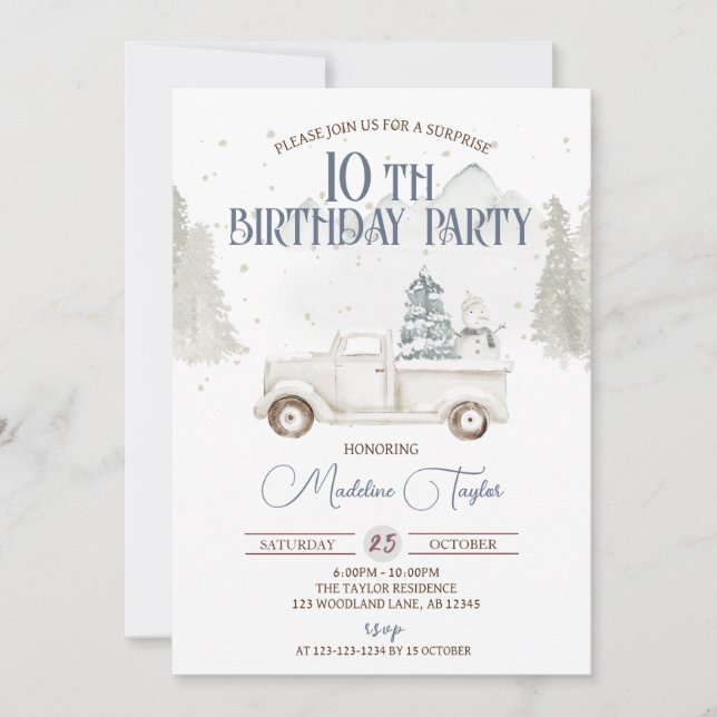 Winter Snowflakes 10th Birthday Invitation (Front)