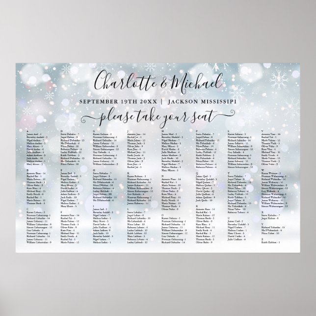 Winter Snowflakes 300 Names Wedding Seating Chart (Front)