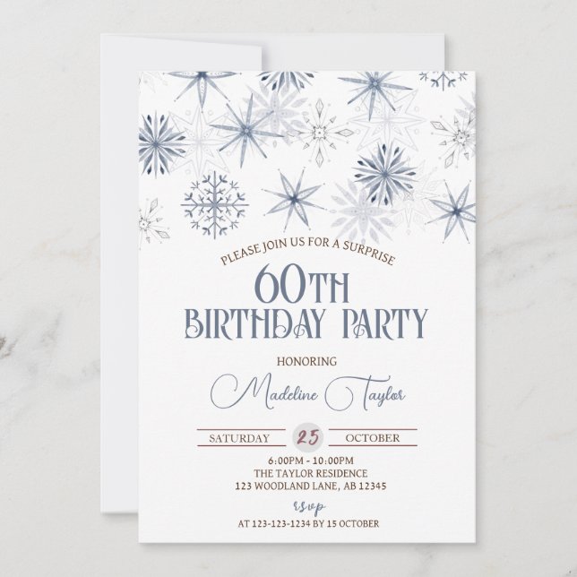 Winter Snowflakes 60th Birthday Invitation (Front)