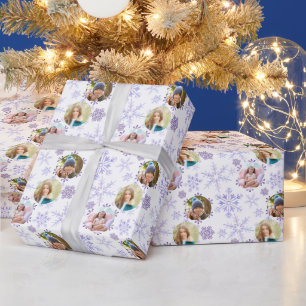 Winter Snowflakes and 3 Photo Pattern Purple Wrapping Paper