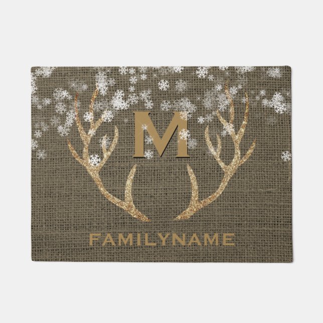 Winter Snowflakes Antlers Rustic Burlap Monogram Doormat (Front)