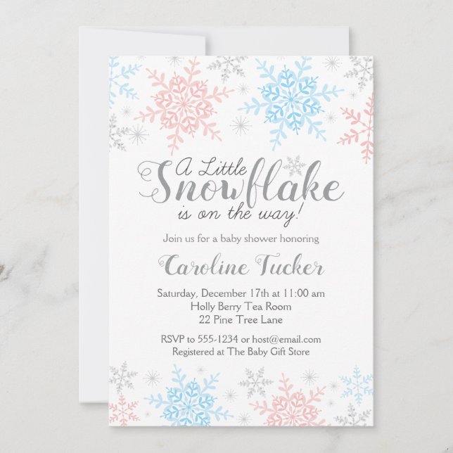 Winter Snowflakes Baby Shower Pink Blue Silver Invitation (Front)