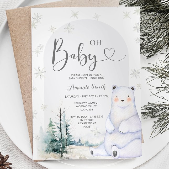 Winter Snowflakes Bear Evergreen Trees Baby Shower Invitation (Creator Uploaded)