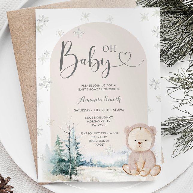 Winter Snowflakes Bear Evergreen Trees Baby Shower Invitation (Creator Uploaded)