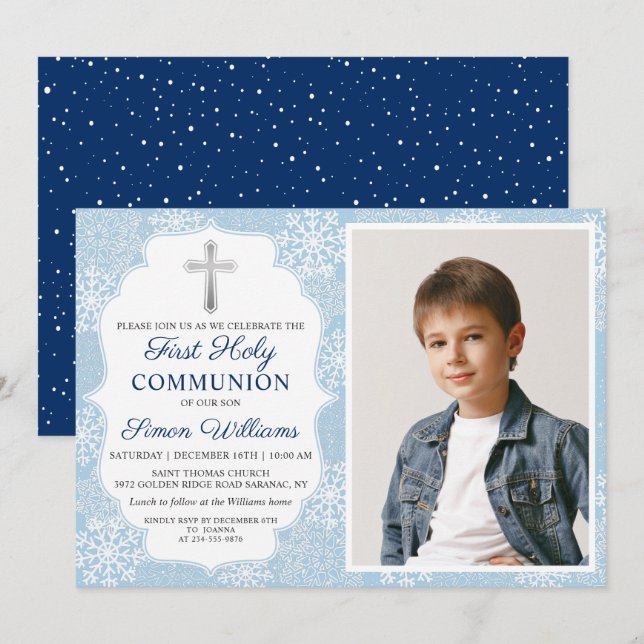 Winter Snowflakes Blue First Holy Communion Photo Invitation (Front/Back)