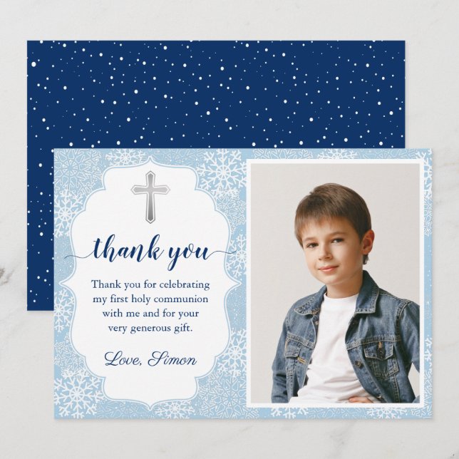 Winter Snowflakes Blue First Holy Communion Photo Thank You Card (Front/Back)