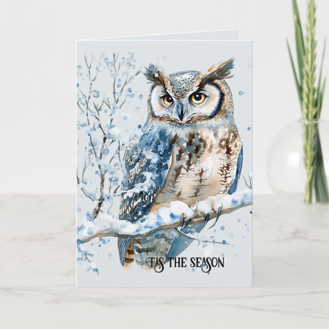Winter Snowflakes Blue Owl Christmas Card (Front)
