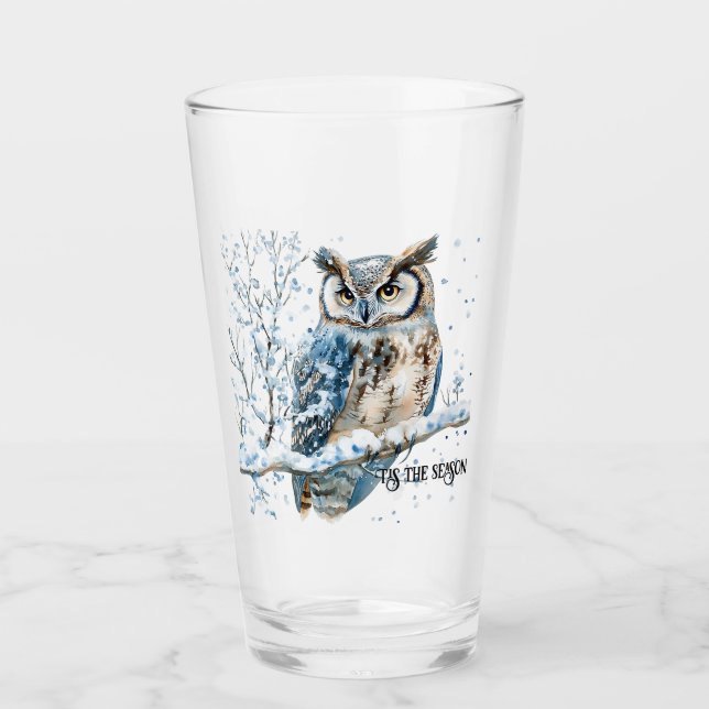 Winter Snowflakes Blue Owl Christmas Snow Glass (Front)