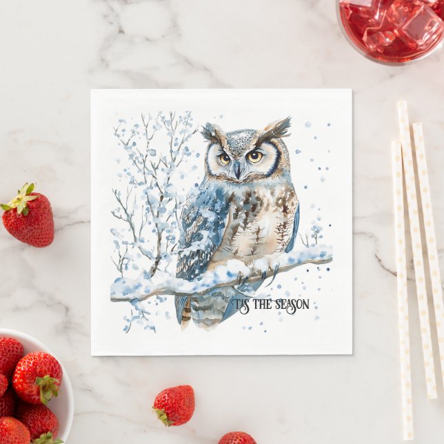 Winter Snowflakes Blue Owl Christmas Snow Napkin (Insitu)