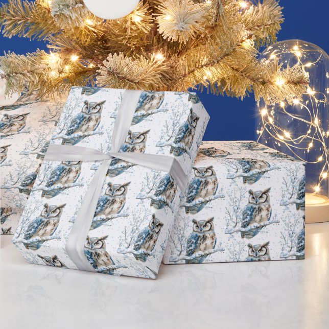 Winter Snowflakes Blue Owl Christmas Snow Wrapping Paper (Holidays)