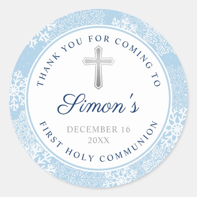 Winter Snowflakes Blue Silver First Holy Communion Classic Round Sticker (Front)
