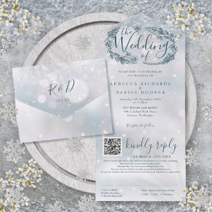 Winter Snowflakes Boho Floral QR Code Wedding All In One Invitation