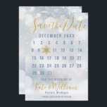 Winter Snowflakes Calendar Save the Date Invitation<br><div class="desc">Move the elegant gold snowflake to your special date and personalise with your names and details on a winter frost background to create a unique save the date card. The reverse features a matching winter frost background. Designed by Thisisnotme© ***TO MOVE THE SNOWFLAKE TO YOUR SPECIAL DATE, LOOK TO THE...</div>