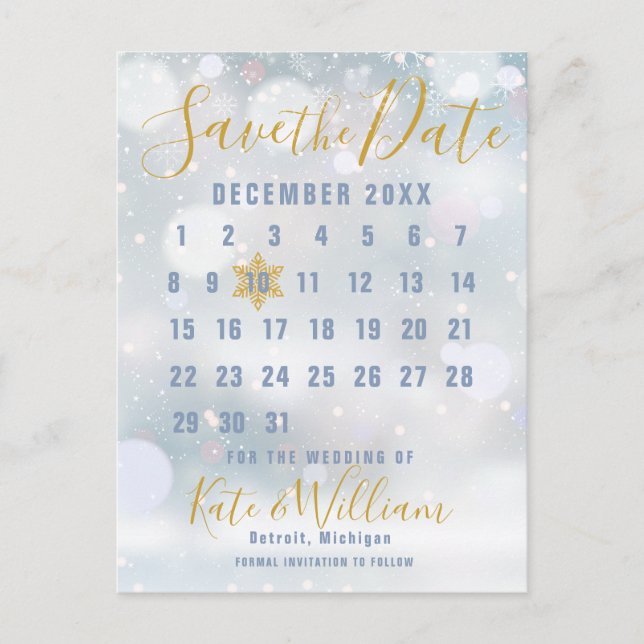 Winter Snowflakes Calendar Save the Date Postcard (Front)