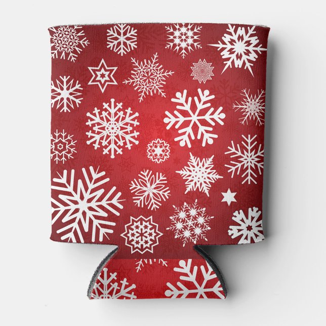 Winter Snowflakes Can Cooler (A can cooler with a red background and white snowflakes and stars.)