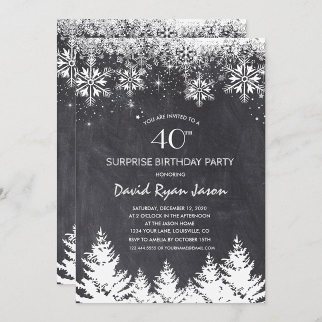 Winter Snowflakes Chalkboard Surprise Birthday Invitation (Front/Back)