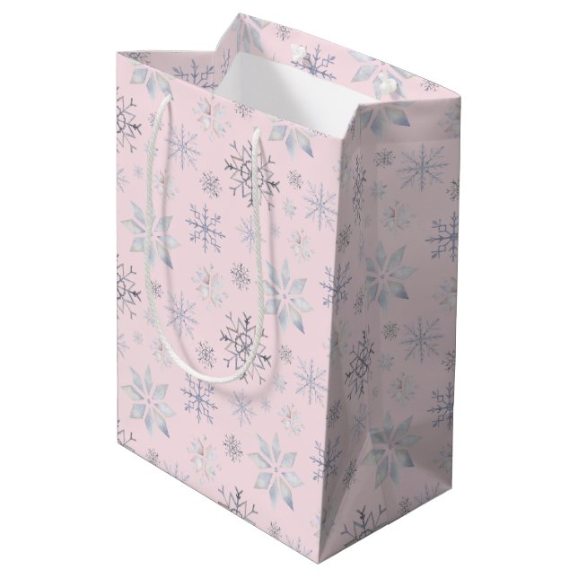 Winter Snowflakes Christmas Pink Medium Gift Bag (Back Angled)
