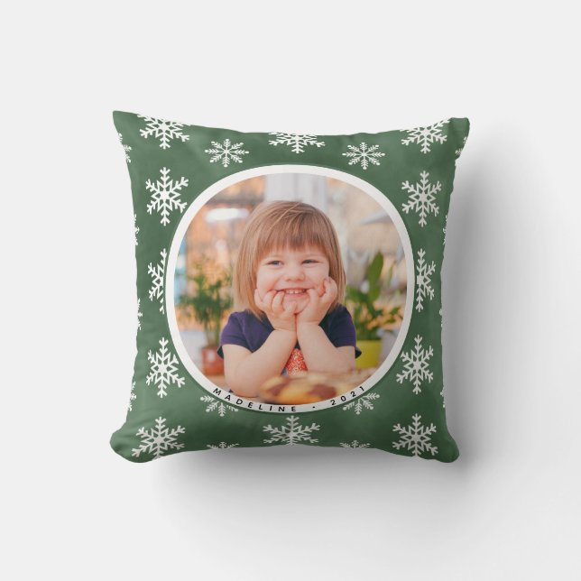 Winter Snowflakes Custom Photo Name Holiday Pillow (Front)