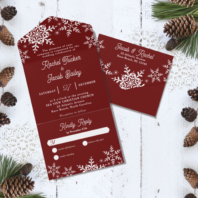 Winter Snowflakes Dark Red Christmas Wedding All In One Invitation (Creator Uploaded)