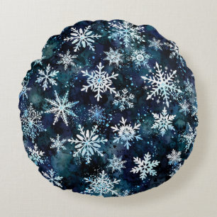 Winter Snowflakes Deep Blue Magical Night Round Cushion
