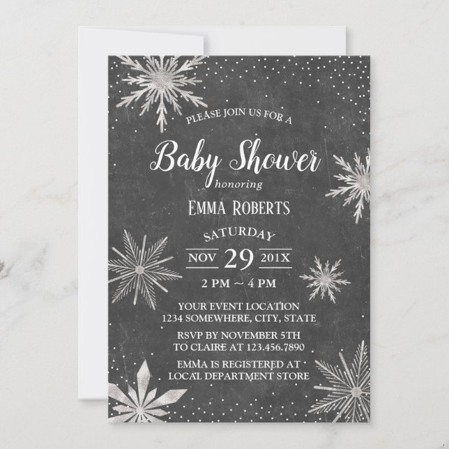 Winter Snowflakes Elegant Chalkboard Baby Shower Invitation (Front)