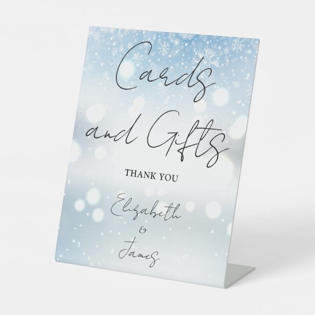 Winter Snowflakes Elegant Script Cards And Gifts Pedestal Sign (Front)