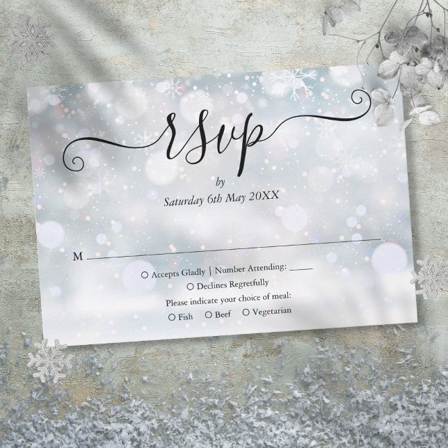 Winter Snowflakes Elegant Script Wedding RSVP Card (Winter Snowflakes Elegant Script Wedding RSVP Card)