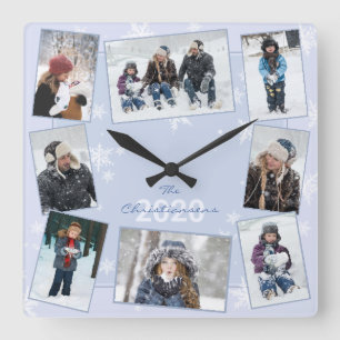 Winter Snowflakes Family Photo Collage Name Year Square Wall Clock