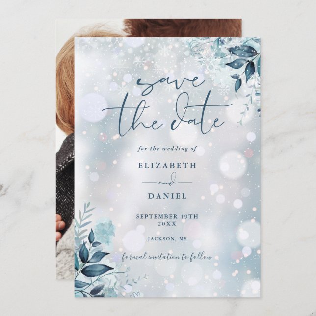 Winter Snowflakes Floral Photo Wedding Save The Date (Front/Back)