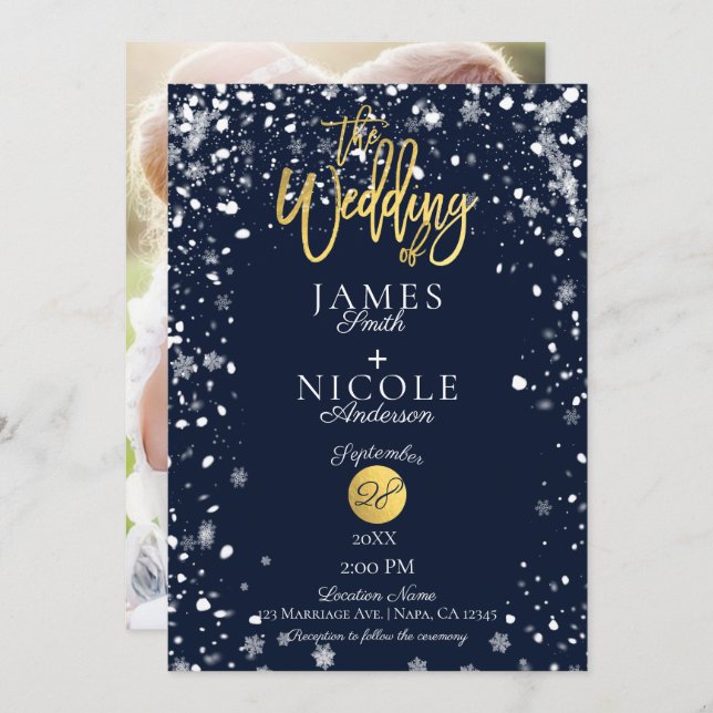 Winter Snowflakes Gold Foil Full Photo Wedding Invitation (Front/Back)