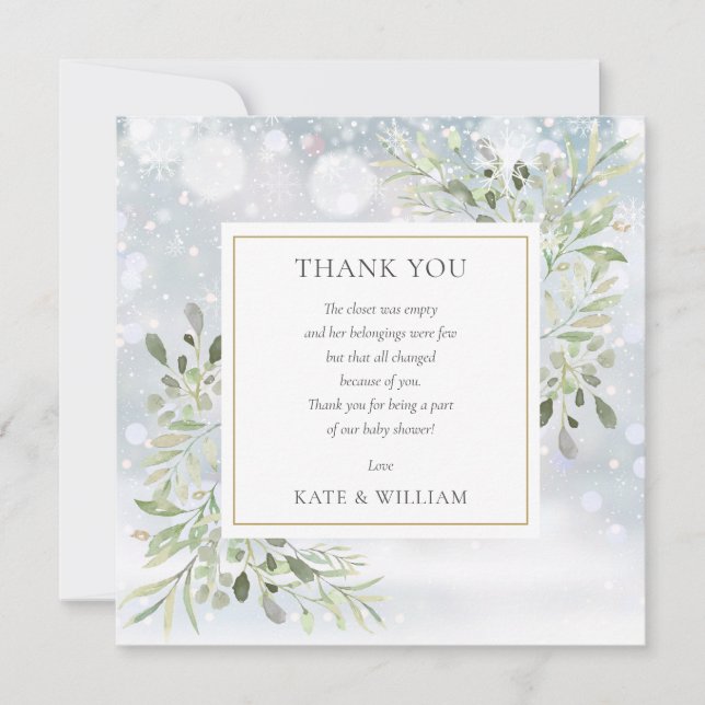 Winter Snowflakes Greenery Baby Shower Poem Thank You Card (Front)