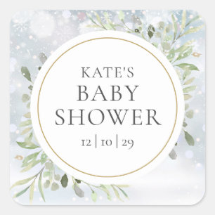 Winter Snowflakes Greenery Baby Shower Square Sticker