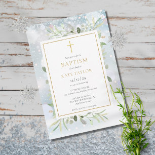 Winter Snowflakes Greenery Baptism Christening Invitation