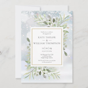 Winter Snowflakes Greenery Floral Engagement Invitation