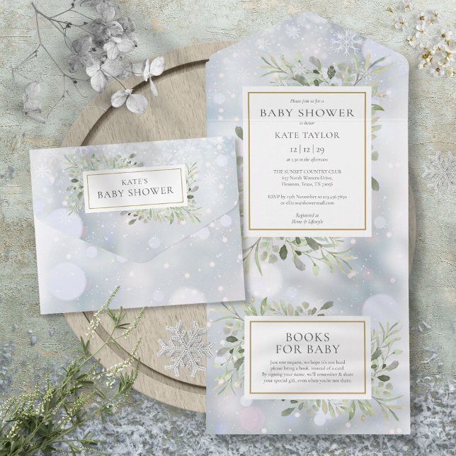 Winter Snowflakes Greenery Foliage Baby Shower All In One Invitation (Winter Snowflakes Greenery Foliage Baby Shower All In One Invitation)