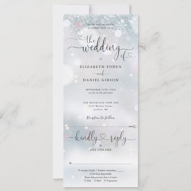 Winter Snowflakes Heart Script All In One Wedding Invitation (Front)