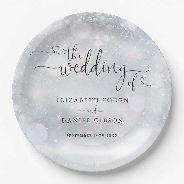 Winter Snowflakes Heart Script Wedding Paper Plate (Front)