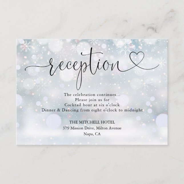 Winter Snowflakes Heart Script Wedding Reception Enclosure Card (Front)