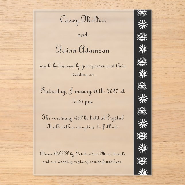 Winter Snowflakes in Black Acrylic Wedding  Invitations (Front)